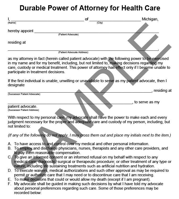 Sample form for Durable Power of Attorney for Health care