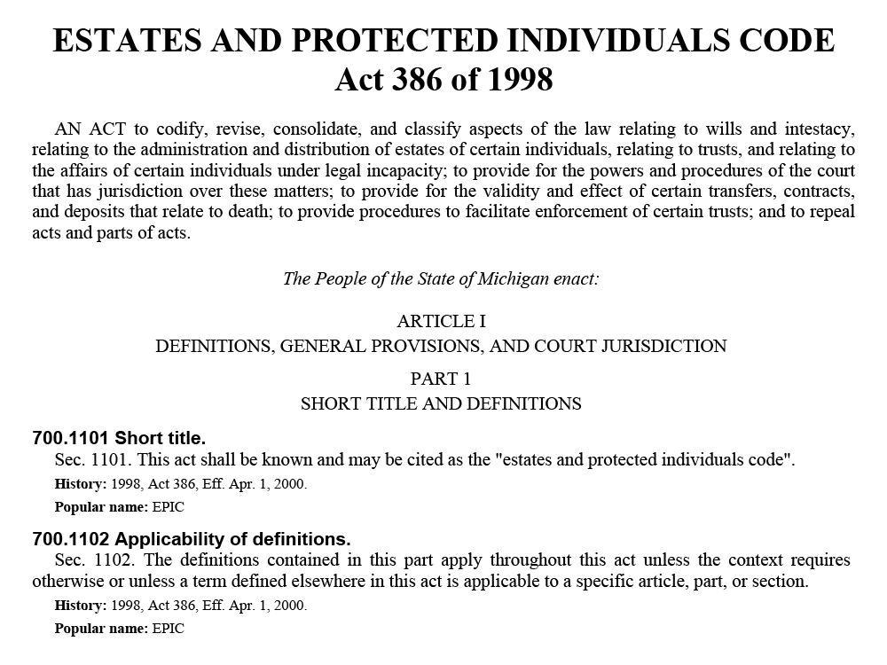 Text except from the Estates and Protected Individuals Code Act 386 of 1998