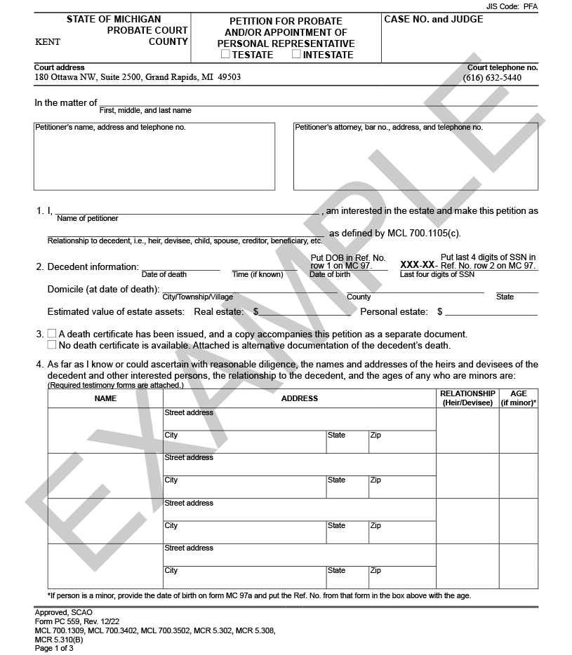 Example of a Petition for Probate Appointment of Personal Representee form